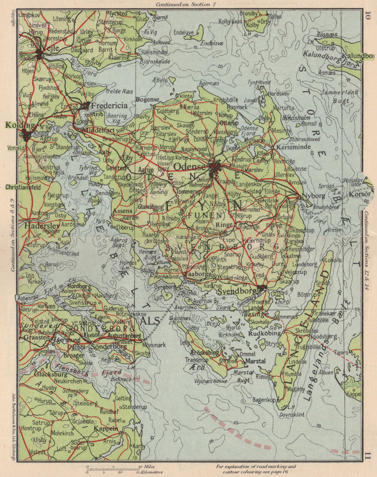 FUNEN. Odense Fredericia Kolding Vejle Svendborg. Denmark 1955 vintage map